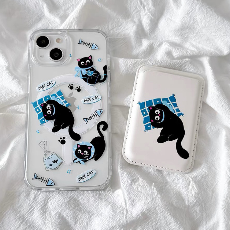 การ์ตูนแมวดําก้างปลาผู้ถือบัตรป้องกันกรณีสําหรับ iPhone15pro 15promax 14 14promax 14pro 16 pro max 16 plus