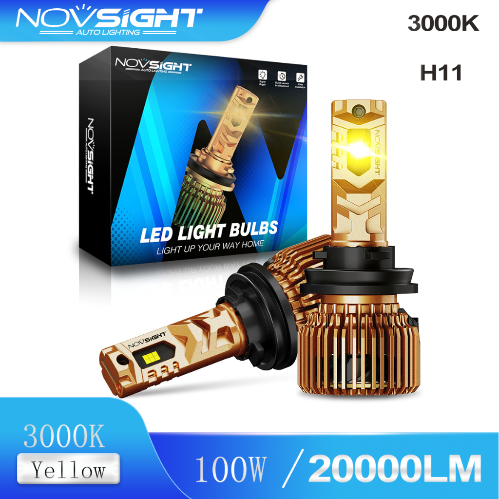 Novsight N75Y 3000K H11 ไฟตัดหมอก H9 H8 แสงสีเหลืองไฟหน้ารถ LED หลอดไฟรถยนต์ Mini ในตัวไดร์เวอร์คู่พ