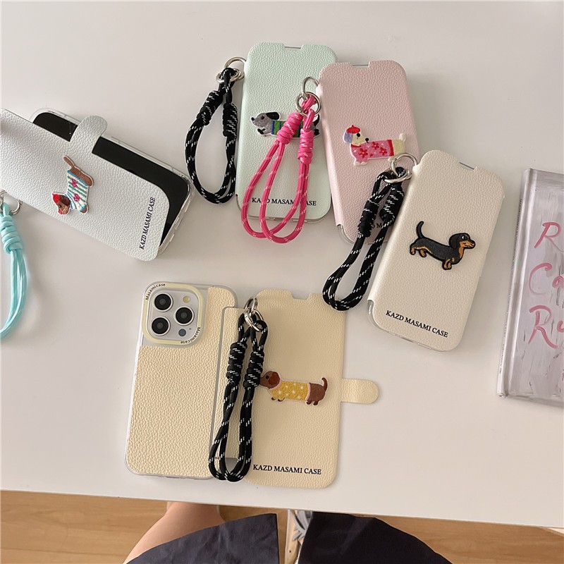 เคสโทรศัพท์ iPhone 15 Pro max 14 Pro max เย็บปักถักร้อยลายสุนัข PU วัสดุฝาปิดเคสโทรศัพท์