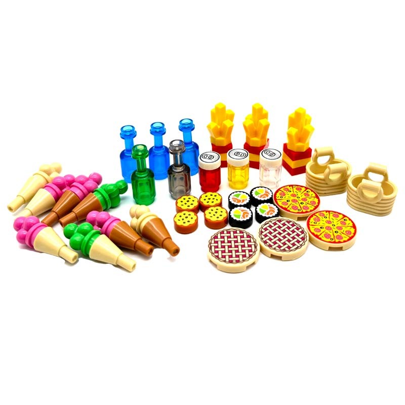 Moc ห้องครัวอาหาร Building Blocks อุปกรณ์เสริมพิซซ่า Fries เค้กคุกกี้เครื่องดื่ม MOC อิฐของเล่นตะกร้าอะไหล่เด็กของขวัญ
