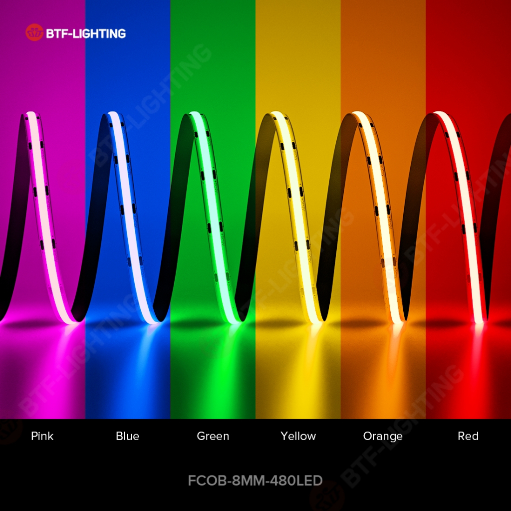 BTF-LIGHTING 5m COB ไฟแถบ LED 480LEDs/m 8MM สีแดง/เขียว/น้ําเงิน/ชมพู/เหลือง/ส้ม DC12V