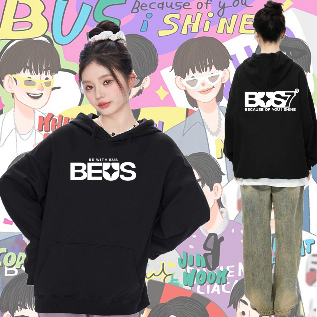 BUS because of you i shine เสื้อฮู้ดผ้าฝ้ายแขนยาวนี้สามารถสวมใส่ได้ทั้งชายและหญิง มันจะไม่หดตัวหรือริ้วรอย_G03