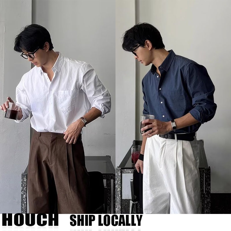 Houch พร้อมส่ง COD เสื้อเชิ้ตแขนยาวผ้าลินินลําลองเกาหลีระบายอากาศได้ดีไม่ร้อน