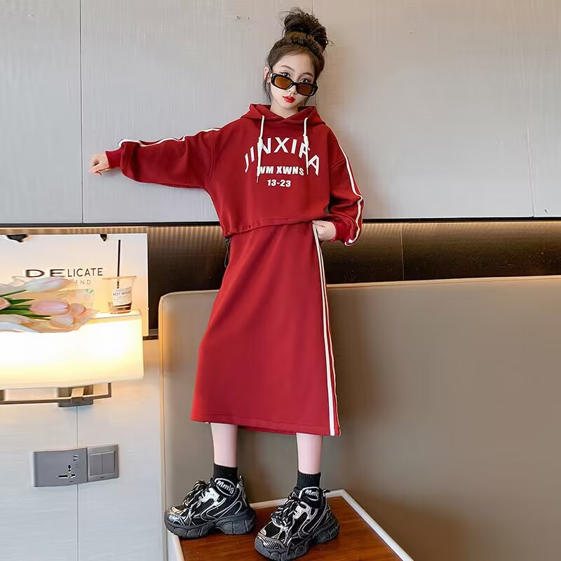 【สปอต】 3-14 ปี ชุดเด็ก,ชุดกระโปรงแฟชั่นสำหรับเด็กหญิง,ชุดกีฬา Hoodie ขนาดใหญ่สองชิ้น