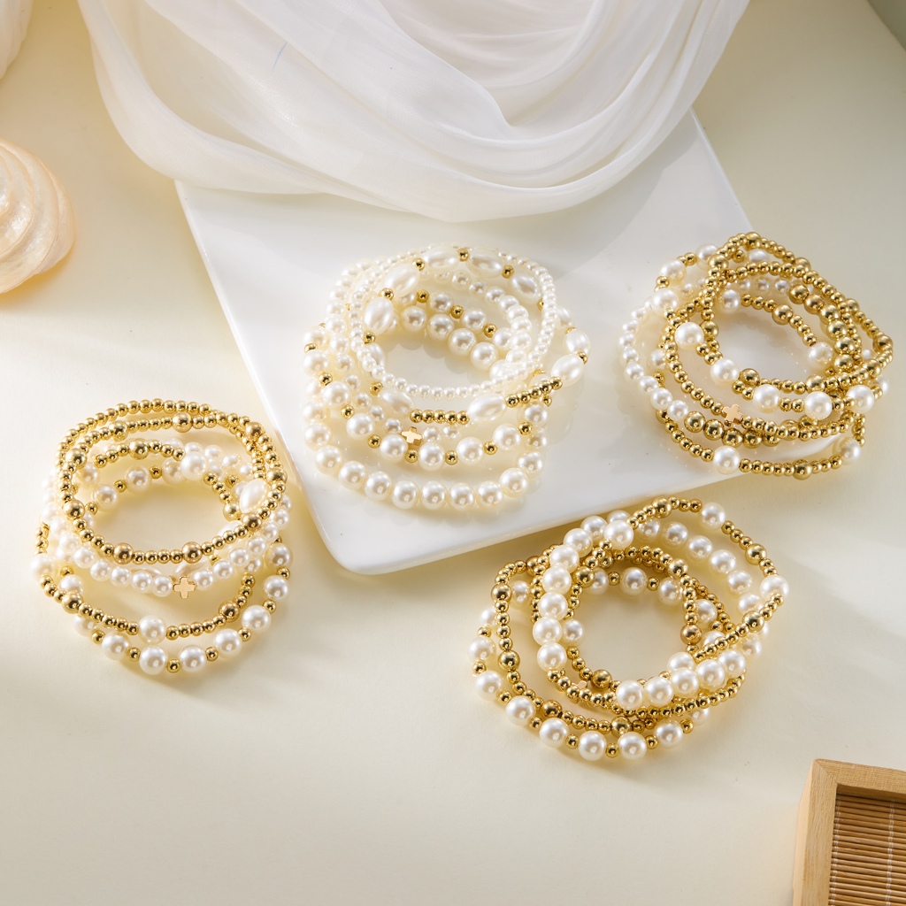 Yx 5 ชิ้น Pearl Cross ข้าวลูกปัดลูกปัดสร้อยข้อมือเชือกยืดของขวัญผู้หญิงอุปกรณ์เสริม Jewellery