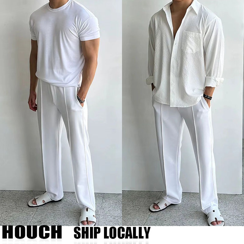 Houch พร้อมส่ง COD กางเกงขายาวเอวยางยืด สีพื้น และหุ่นหลวม สําหรับผู้ชาย