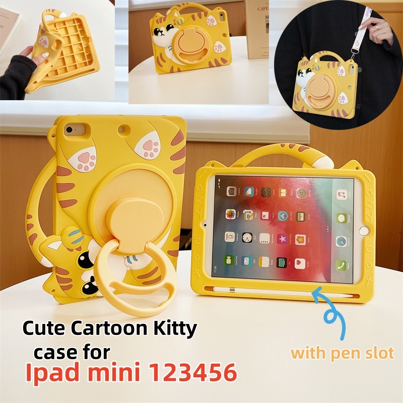 เคสหมุนได้ 360 องศาสําหรับ ไอแพด มินิ 1 2 3 4 5 6 7.9 8.3 นิ้วน่ารักการ์ตูนคิตตี้กันกระแทกซิลิโคนอ่อนนุ่มป้องกันยืนปก