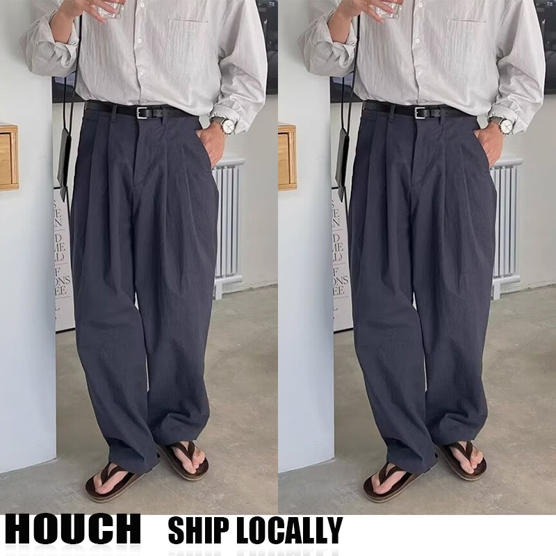 Houch Ready Stock COD กางเกงขายาวสีพื้นขากว้างผ้าลินินสไตล์เกาหลีเอวหลวม