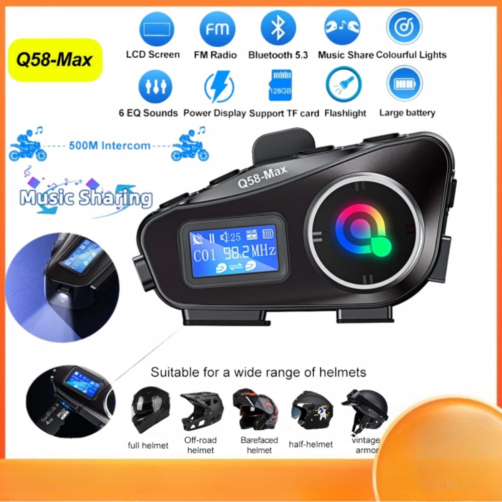 Q58 Max Intercom ชุดหูฟังไร้สายบลูทูธ 5.3 หน้าจอ LCD สําหรับหมวกกันน็อค 2 Rider รถจักรยานยนต์