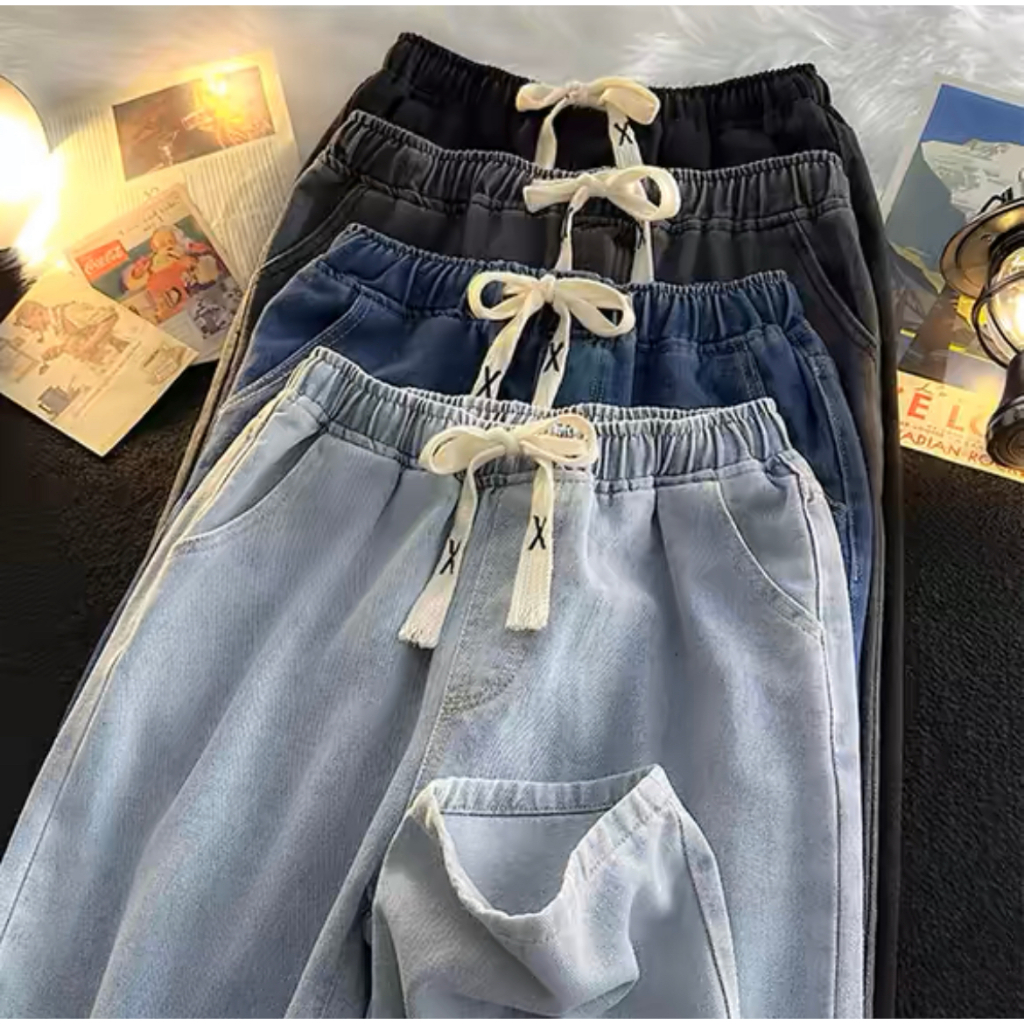 Men‘s Jeans กางเกงขายาว เอวยางยืด มีแถบรูด ทรงหลวม จัดส่งรวดเร็ว