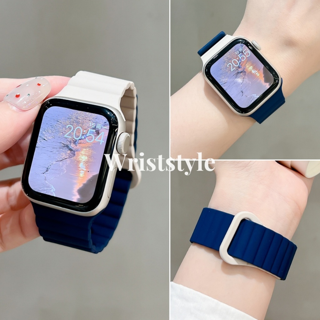 คู่สีแม่เหล็กสายรัดซิลิโคนสําหรับ apple watch S10/9/8/7/6/5/4/3/2/1 SE2 ULTRA ผู้ชายผู้หญิงเปลี่ยนสร้อยข้อมือสําหรับ iWatch 49 มม. 46 มม 45 มม.44 42 41 40 38 Starlight