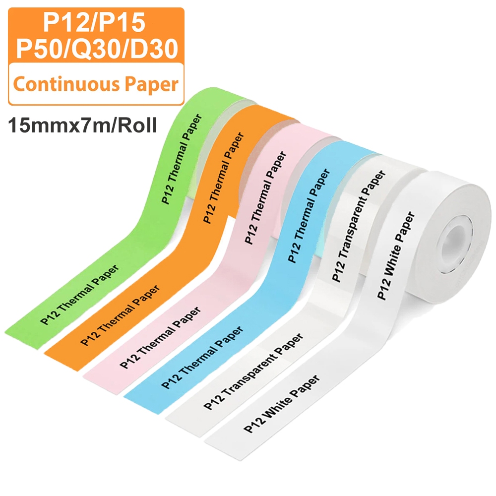 1 ม้วน P12 P15 กระดาษต่อเนื่อง 15 มม.* 4 M/15 มม.* 7 M Thermal Label สติกเกอร์ใช้งานร่วมกับ D30 Q30 Marklife P11 P50 L12 DELI Q2 Labeller