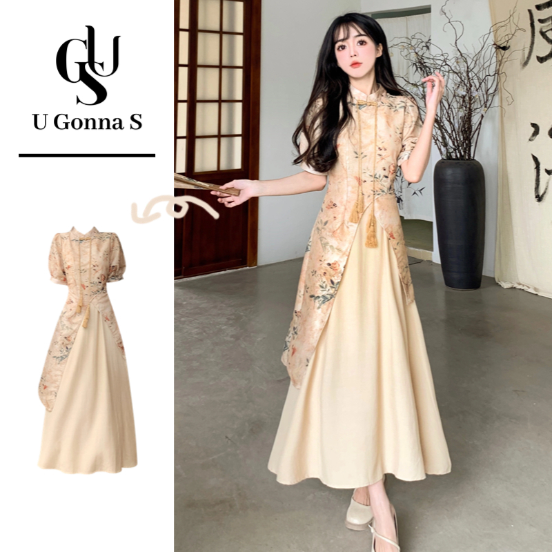 U Gonna SชุดยาวCheongsam 2024 สําหรับผู้หญิงแขนสั้นA-line Elegantแบบดั้งเดิมเสื้อผ้าสําหรับวัดสบายๆทุกวันOccasionsชุดนักเรียนชุดยาวยืด