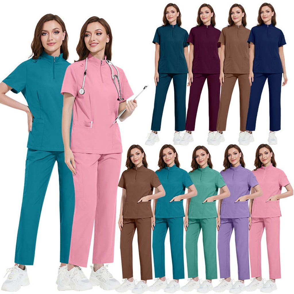 Niaahinn แฟชั่นผู้หญิงผู้ชาย Unisex ยืดหยุ่นริ้วรอย Breathable Scrub ชุดกางเกงสินค้าหมอพยาบาลชุดZipper คอจีน Top + ตรงกางเกงตัด