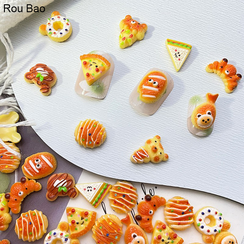 Rou Bao 50 ชิ้นอาหารเล็บ Series ขนมปังแซนวิชพิซซ่าน่ารักการ์ตูนเรซิ่นเล็บ Art DIY Charms ตกแต่ง