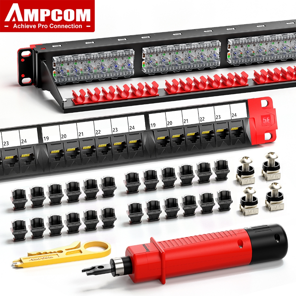 Ampcom Cat5e 19 "24-Ports Industrial Series UTP 100/1000Mbps Patch Panel 50U Gold Plated สําหรับ UTP