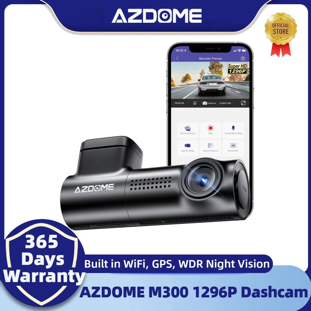 Azdome M300 Dash Cam 1296P Ultra HD พร้อม WDR Night Vision GPS WiFi App ควบคุมเครื่องบันทึกรถยนต์