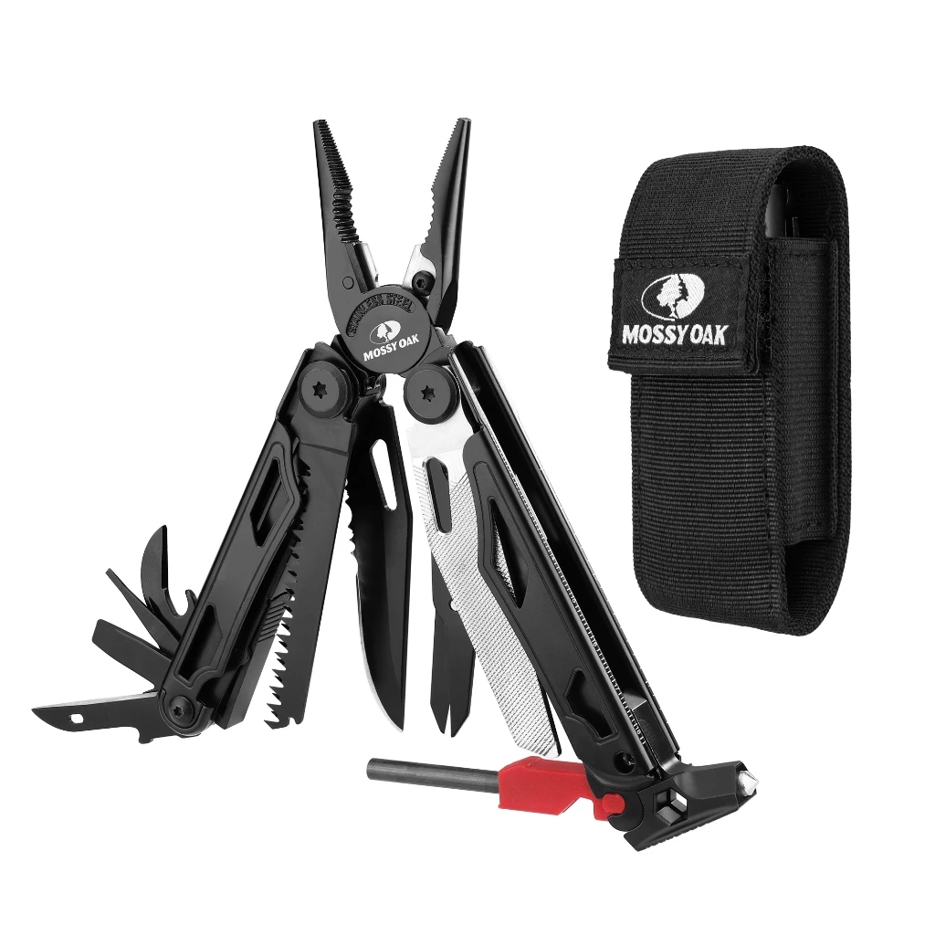 MOSSY OAK คีมอเนกประสงค์ 19-in-1 สแตนเลสสตีลเครื่องมือ EDC พร้อมไขควงแขน Self-locking พร้อม Sheath-Perfect สําหรับการตั้งแคมป์กลางแจ้งพร้อมกระเป๋า
