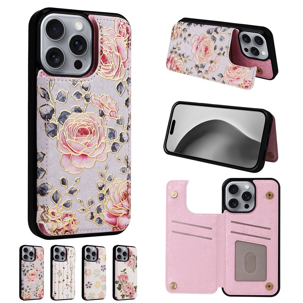 Elegant ดอกไม้ Dual Layer ช่องใส่การ์ดหนัง PU สําหรับ iPhone 16 15 14 13 12 11 Pro Max XR X XS Max 7 8 Plus กระเป๋าสตางค์