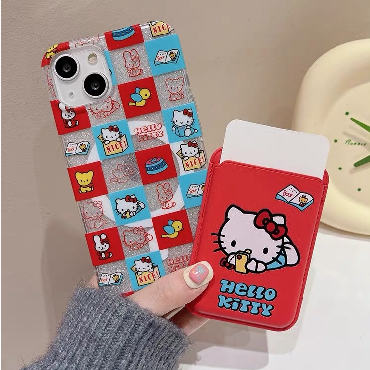น่ารักเย็บปะติดปะต่อกัน Hello Kitty รูปแบบผู้ถือบัตรป้องกันกรณีสําหรับ iPhone 15pro 15promax 14 14promax 14pro 16 pro max 16 plus