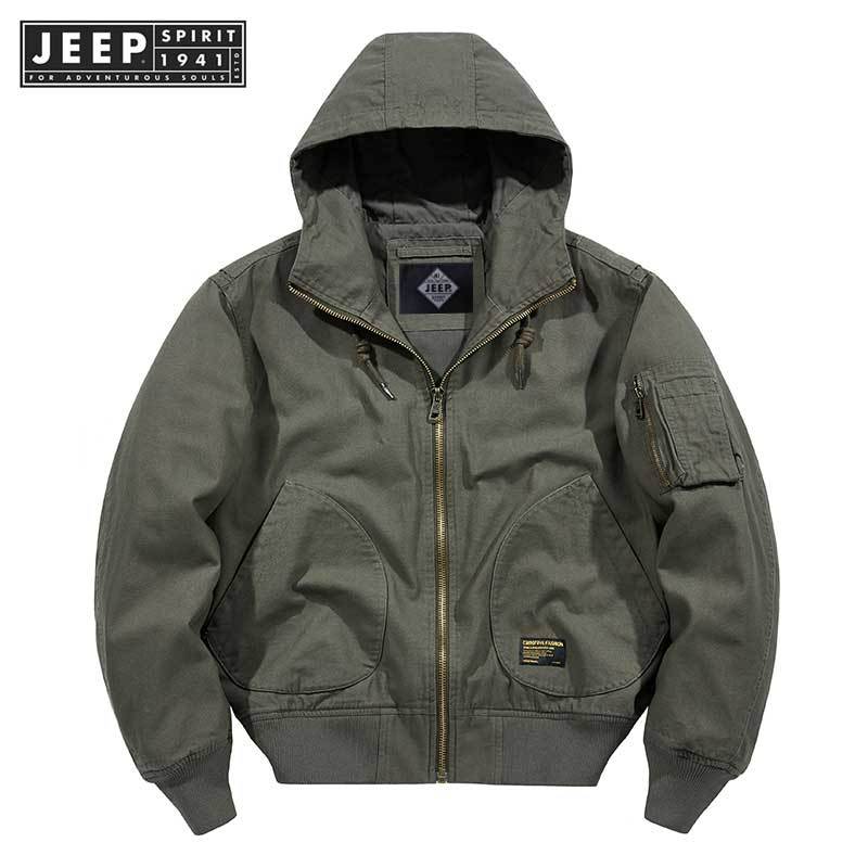 Jeep SPIRIT 1941 ESTD ฤดูใบไม้ผลิและฤดูใบไม้ร่วงใหม่แจ็คเก็ตผู้ชายลําลองหลวมเสื้อแจ็คเก็ตมีฮู้ดปกติ