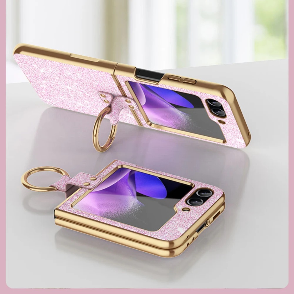 เคสหัวเข็มขัดแหวนมือมีสไตล์แวววาวสําหรับ Samsung Galaxy Z Flip 6 Flip 5 ฝาครอบป้องกันน่ารัก