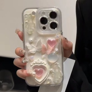 หรูหรา 3D สีชมพู Love Heart Glitter Bling เคสโทรศัพท์สําหรับfor IPhone 17Pro Max1616Plus 15 14 Pro Max 13 12 11 Pro Max Shining Pearl นุ่มฝาครอบโทรศัพท์