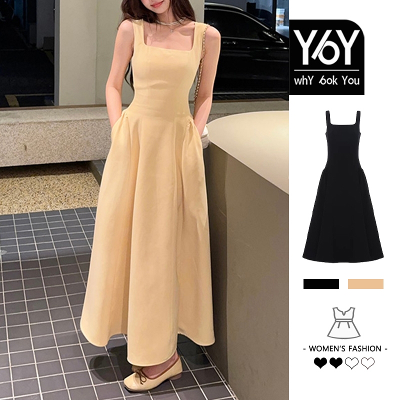 Y6y ชุดเดรสสุภาพสตรีสลิงคอสี่เหลี่ยมสไตล์ฝรั่งเศส C6L43475 (สีเหลือง/ดํา)
