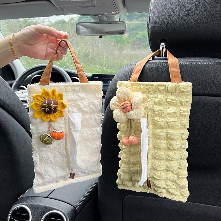 Creative Sunflower รถแขวนสไตล์กล่องกระดาษทิชชูผู้ถือการ์ตูนน่ารักพัฟสําหรับรถที่เท้าแขนที่นั่ง Storage, รถที่นั่งกลับตะขอแขวน
