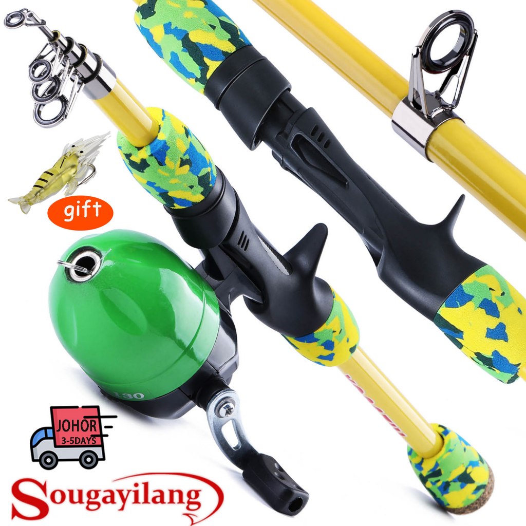 Sougayilang เด็กตกปลา Pole 1.5 M/5FT แบบพกพา Telescopic Carbon Feiber Superlight ตกปลา Rod และ 2.6:1 อัตราทดเกียร์ Reel Combo ชุดสําหรับชายหญิงเยาวชนสําหรับน้ําจืด
