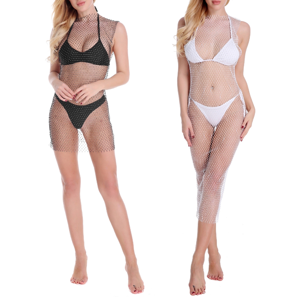 Pink - Women Beach Bikini ผู้หญิงชายหาดบิกินี่ครอบคลุมชุดตาข่ายชุดเพชรส่องแสง