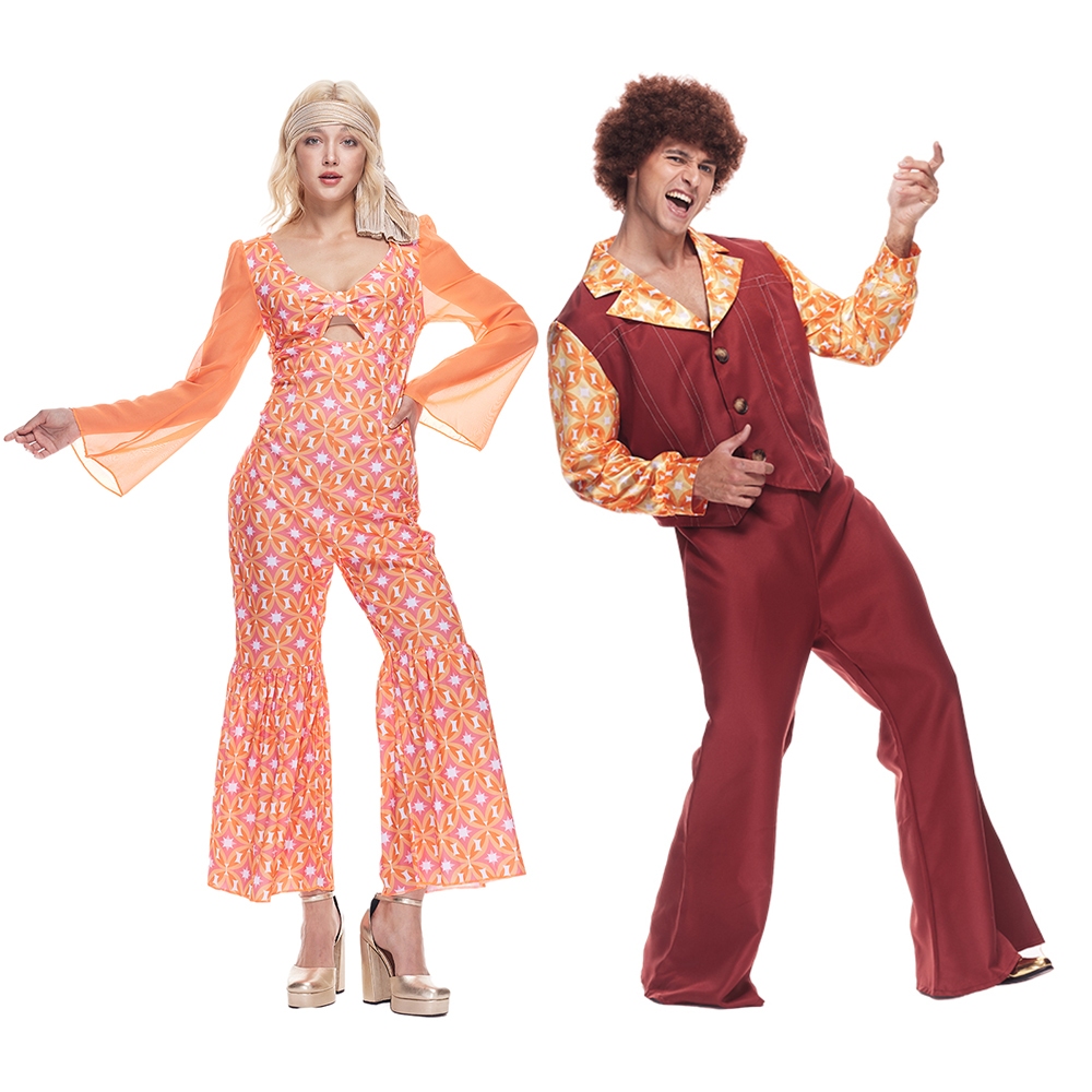 ❤พร้อมส่ง❤เสื้อผ้าแฟชั่นดิสโก้สำหรับผู้ชาย ผู้ใหญ่วันเสาร์คืนบาร์ไนท์คลับดิสโก้เต้นรำชุด คู่ฮิปปี้คอสเพลย์วินเทจเต้นรำชุด เครื่องแต่งกายสำหรับงานปาร์ตี้ฮาโลวีน
