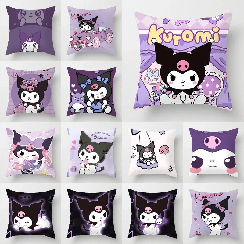 45*45 ซม.Melody Kuromi โพลีเอสเตอร์โยนหมอนรถ Cusion ปลอกหมอนตกแต่งบ้าน