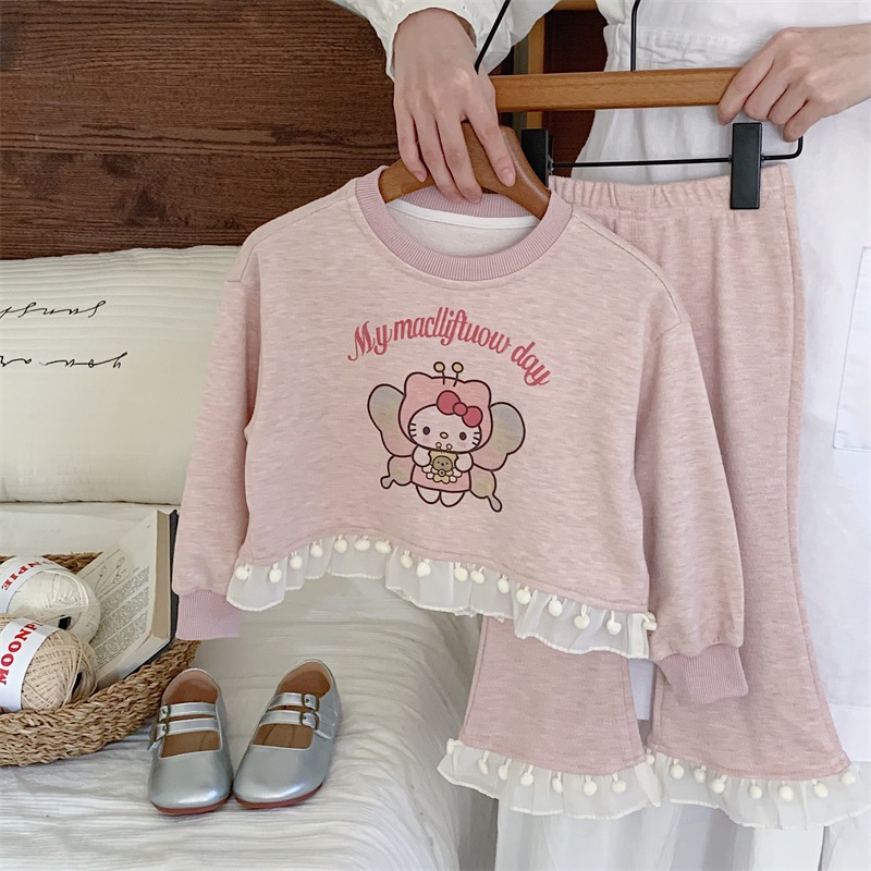 ใหม่ฤดูใบไม้ร่วงเด็กเกาหลีรุ่นสีชมพู hello kitty ลูกไม้หวานชุดเสื้อกันหนาว Sweatpants ฤดูใบไม้ผลิฤดูใบไม้ร่วง