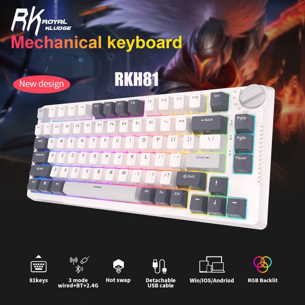 Rk RK Royal Kludge H81 ปะเก็นไร้สายบลูทูธ 2.4G 81 คีย์ 3 โหมด สีขาว