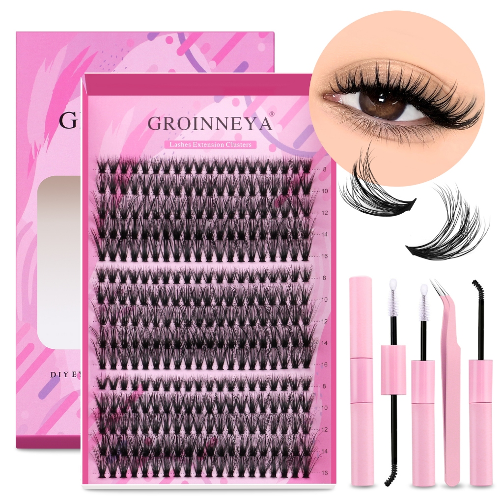 Groinneya Lash Cluster ชุด 3D Fluffy หนาขนตาปลอม C Curl Wispy แต่ละขนตา DIY ผสมขนตา Lash แต่งหน้า