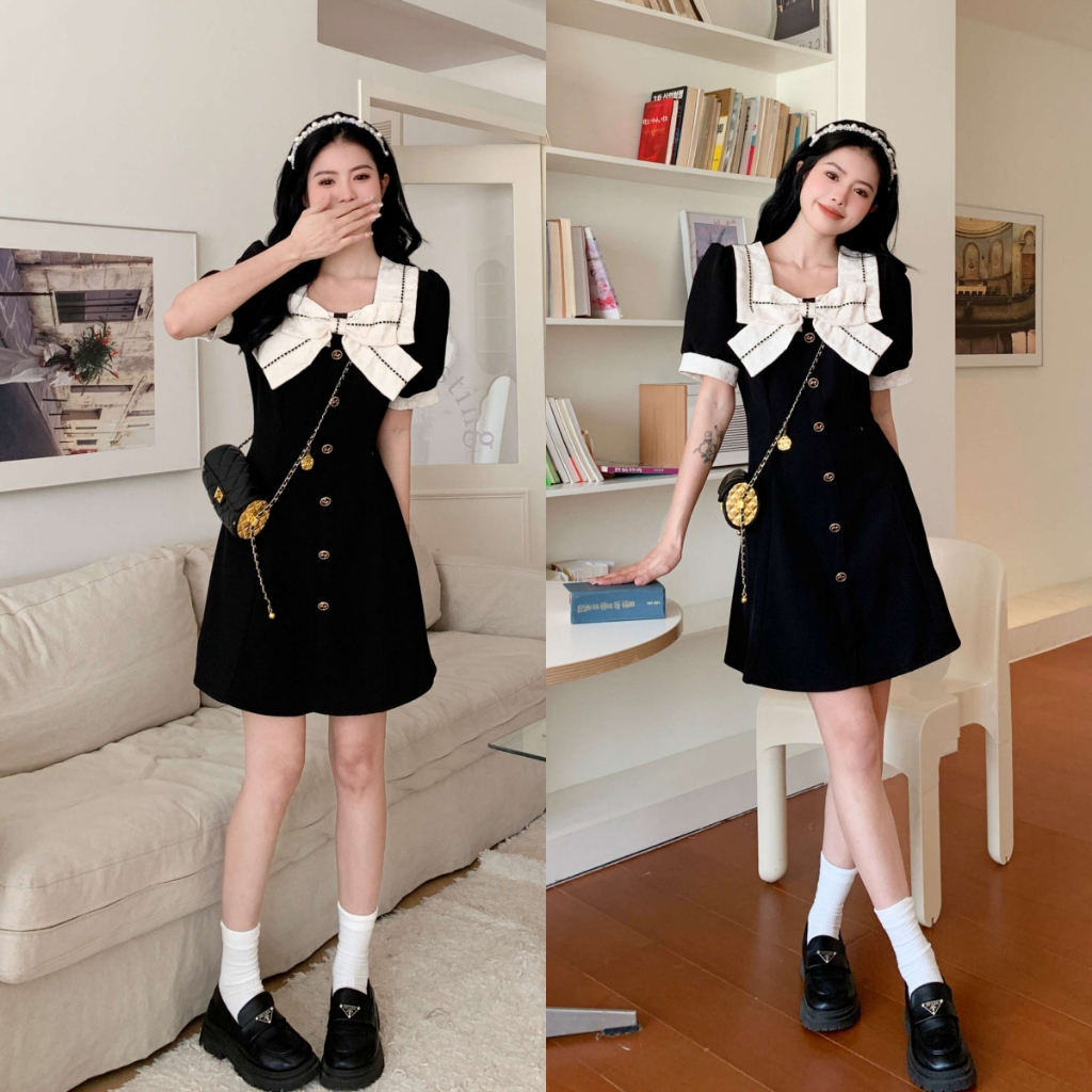 Luna shop โบว์ฝรั่งเศส เดรสเข้ารูปสำหรับสาวๆ กระโปรงสั้นดีไซน์เก๋