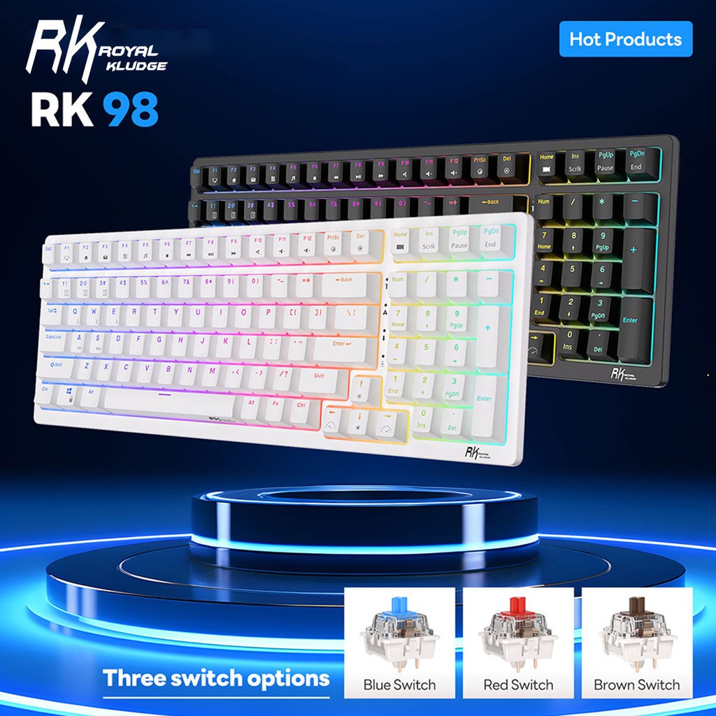 Rk Royal Kludge Rk98 Hot-Swappable คีย์บอร์ดไร้สาย 98 คีย์ RGB Backlit Tri-Mode บลูทูธ 2.4G Rk98