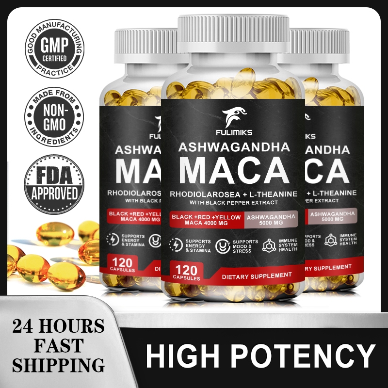 Ashwagandha พร้อม Maca Turmeric Ginkgo บรรเทาความเครียด, Mood & Immunity สนับสนุนอาหารเสริมพลังงานช่วยฟังก์ชั่น Thyroid & Adrenal