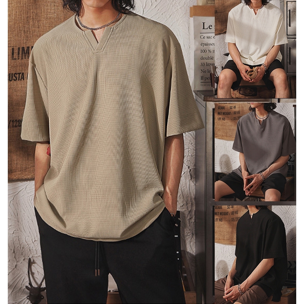 เสื้อยืดโอเวอร์ไซส์ คอวี แขนสั้น สำหรับผู้ชาย สีพื้น ดีไซน์วาฟเฟิล เสื้อโปโล ทรงหลวม แขนสั้นลําลอง คอกลม เสื้อยืดกีฬาแขนสั้น