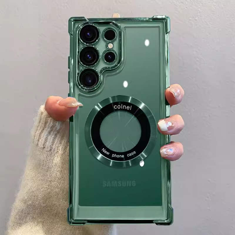 SAMSUNG ถุงลมนิรภัยโปร่งใสเคสโทรศัพท์แม่เหล็กสําหรับsamsung GalaxyS24Ultra S23 S21 เลนส์ฟิล์มป้องกันกันกระแทกAnti Wear PCฝาครอบป้องกันS22 23Plus 24FE S20Ultraไม่มีสีเหลือง