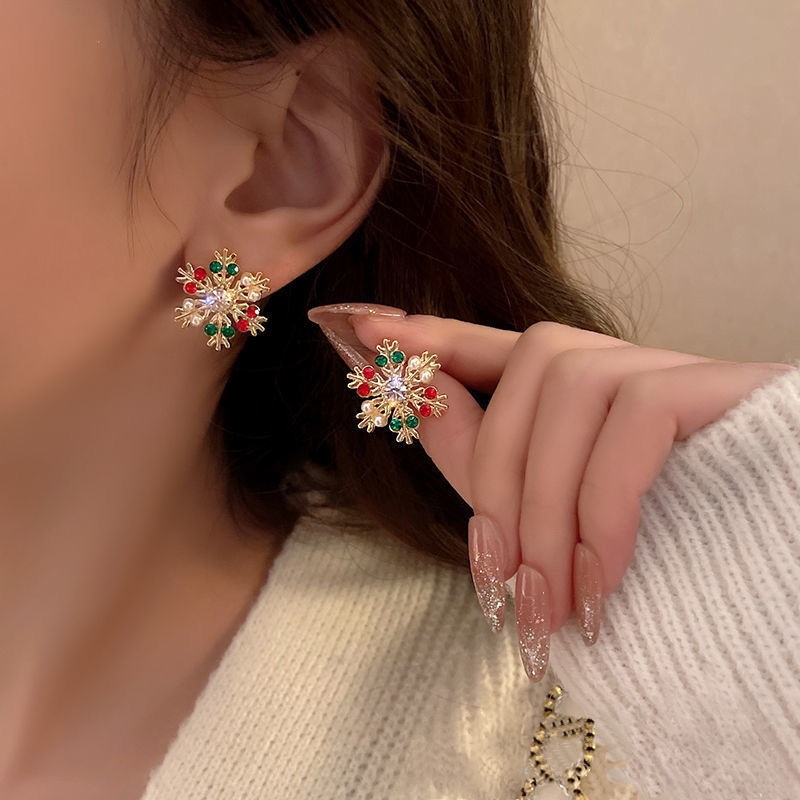 Jushi Christmas colourful snowflake rhinestone ต่างหูของขวัญวันหยุดผู้หญิงเครื่องประดับ