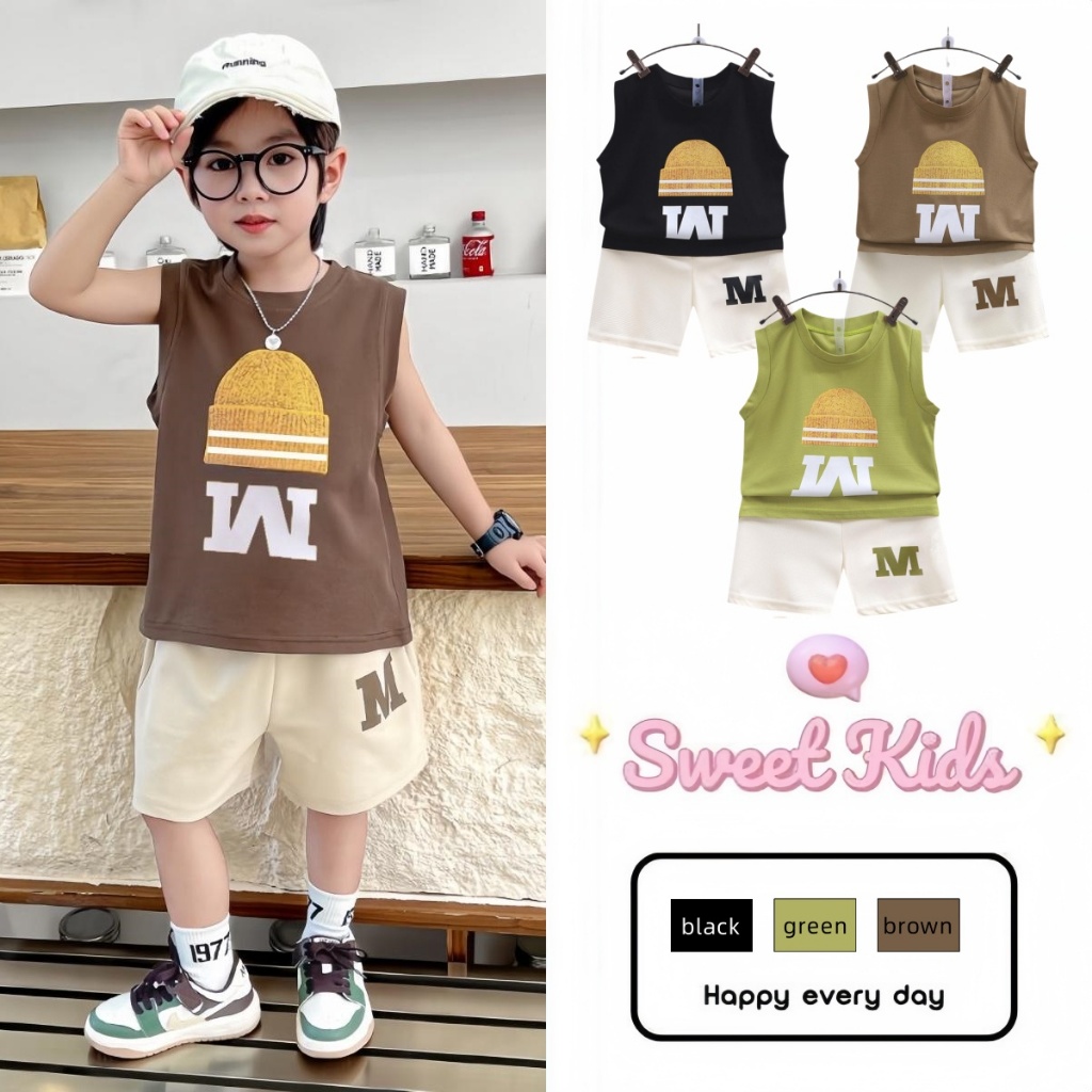 SweetKids พร้อมส่งจากกทม ชุดแขนกุดเด็กผู้ชาย เสื้อกล้ามกางเกงขาสั้น ทรงหลวม สไตล์เกาหลี แฟชั่นฤดูร้อน ราคา ถูกที่สุด ดีลบีเคเค
