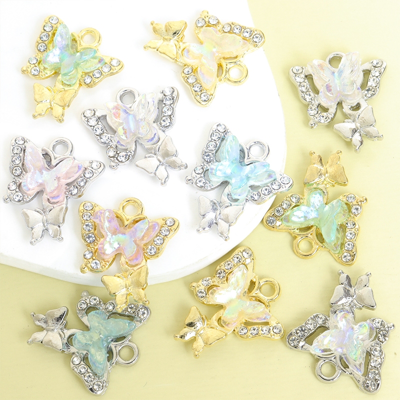 10ชิ้นอะคริลิโปร่งใสและ พลอยเทียม ฝังประณีตผีเสื้อเสน่ห์ ทําเอง อารมณ์สร้อยคอสร้อยข้อมือต่างหูอุปกรณ์ผมฝันคู่ผีเสื้อออกแบบโลหะผสมจี้