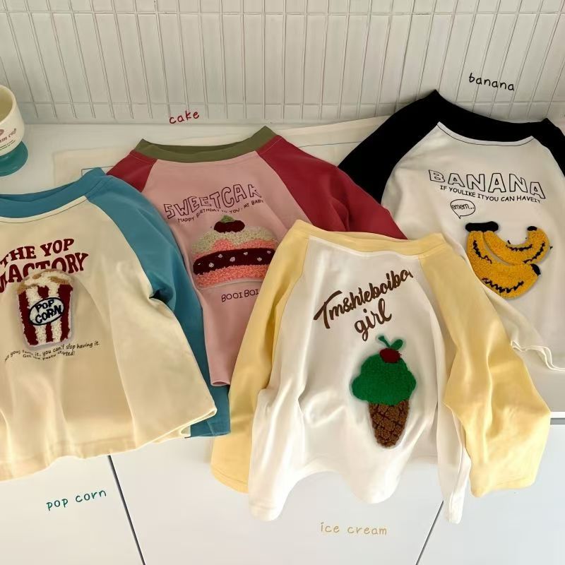 ผ้าฝ้ายแท้เด็กแขนยาวเสื้อยืดฤดูใบไม้ผลิฤดูใบไม้ร่วงสไตล์ใหม่เด็ก แร็กแลน แขนชายหญิงการ์ตูนสบายๆ จุดต่ําสุด สูงสุด