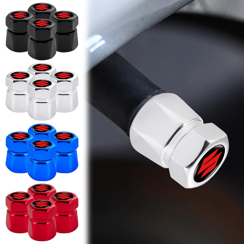 4pcs อลูมิเนียมหกเหลี่ยมยางรถ Anti-leak หมวกโลโก้รถรถจักรยานยนต์ล้อ Core สําหรับ Suzuki Sx4 Swift Jimny Grand Vitara Alto Samurai