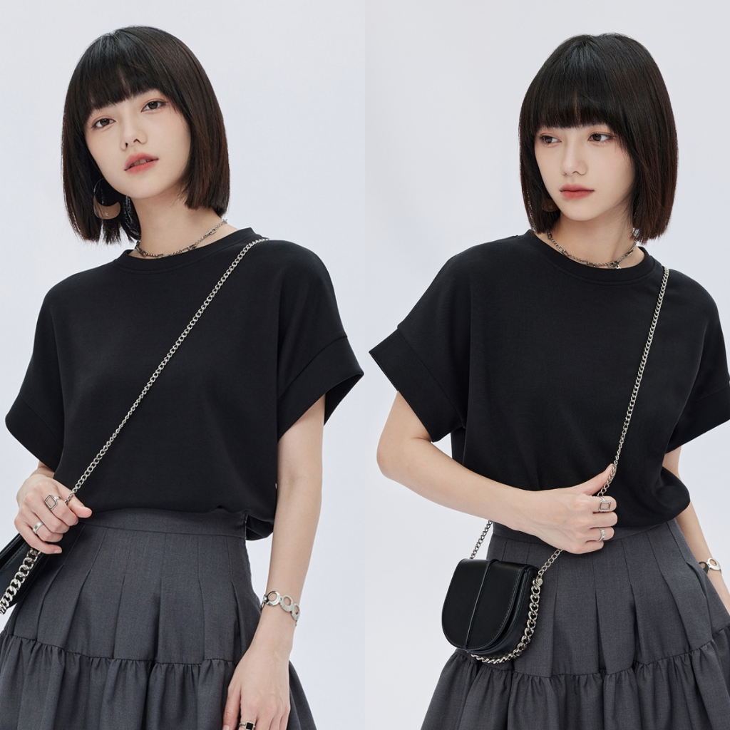 Luna shop เสื้อยืดเรียบง่ายสำหรับใส่ไปทำงาน สีทึบแขนสั้นฤดูร้อนสไตล์ใหม่เสื้อสวมหัวคอกลมด้านบน