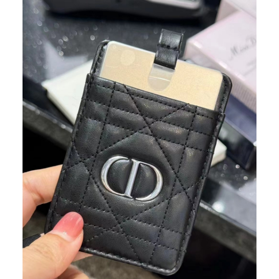 กระเป๋าใส่บัตรลายหมากรุกเพชรหนังแกะเทียมสีดํากระจกพกพา
