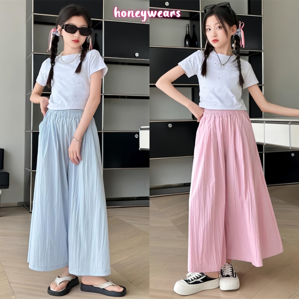 honeywears พร้อมส่ง กางเกงขายาวเด็กผู้หญิงแฟชั่น ขากว้างลำลอง ทรงหลวม สไตล์เกาหลี ฤดูร้อน ไซส์ 120-170