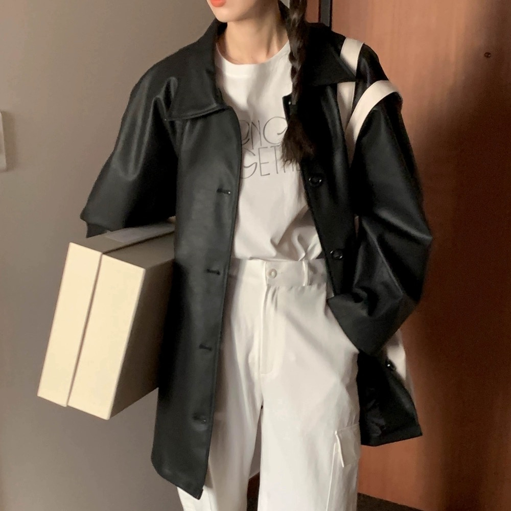 NZN เวอร์ชั่นเกาหลีของใหม่สีดําเสื้อหนังเทียมผู้หญิงฤดูใบไม้ร่วงใหม่สไตล์ฮ่องกงเสื้อหนังลําลองแขนยาว